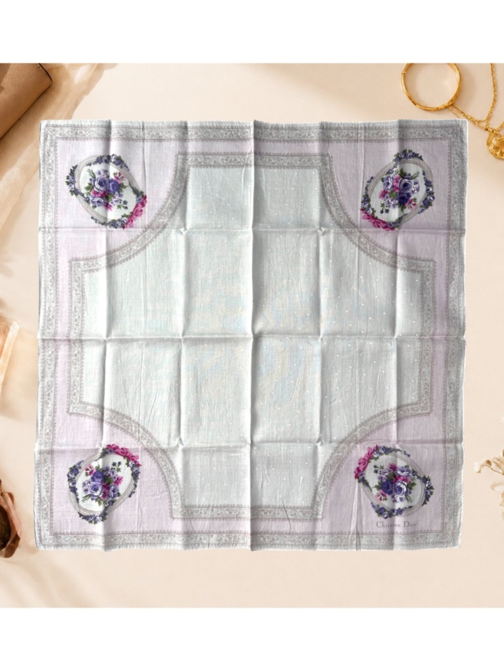 Vintage Christian Dior Scarf Pink Floral Wreath Neckerchief Pocket Square 18in